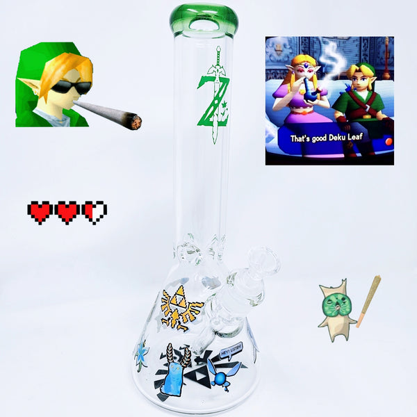 the legend of zelda bong glass link breath of the wild tears of the kingdom botw totk triforce hyrule hylian crest master sword smoke shop girly smoking accessories gifts for girls who smoke women handmade unique cute