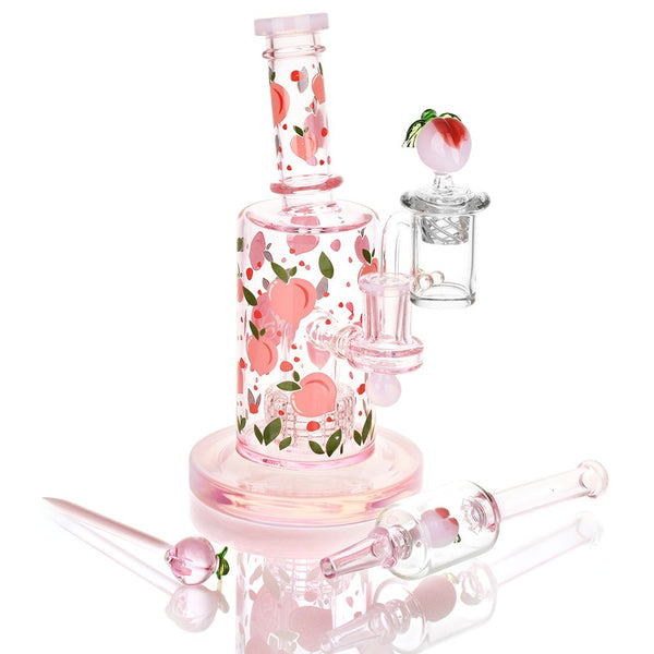 pink color beaker bong peachy peach peaches and cream design cherries smoke shop for girls women girly glass smoking accessories water pipe stoner girl aesthetic gift ideas for girls who smoke