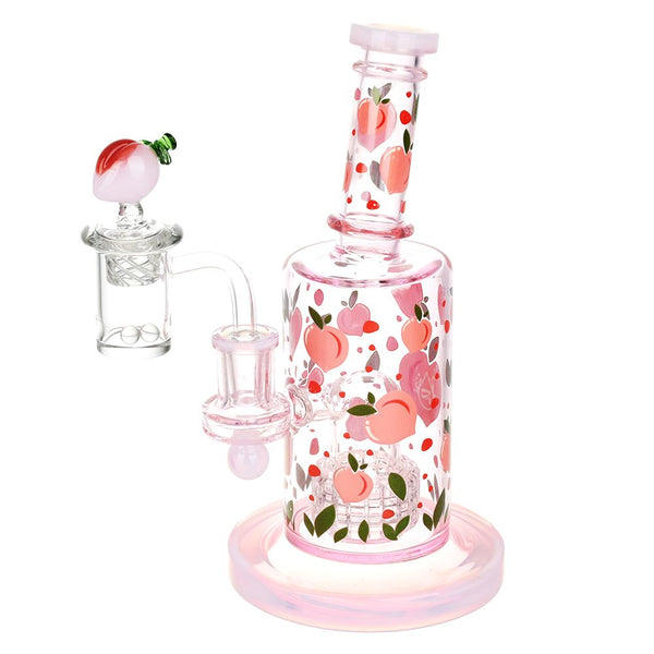 pink color beaker bong peachy peach peaches and cream design cherries smoke shop for girls women girly glass smoking accessories water pipe stoner girl aesthetic gift ideas for girls who smoke